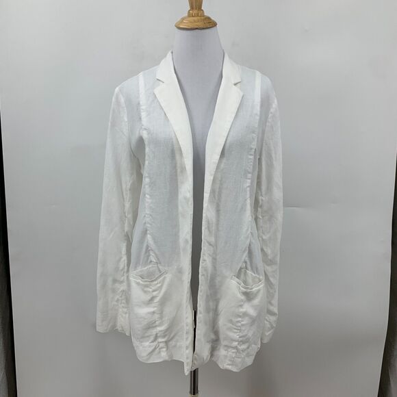 Saks Fifth Avenue Linen Blazer Womens M Medium White Open Front Notch Collar - Picture 2 of 12